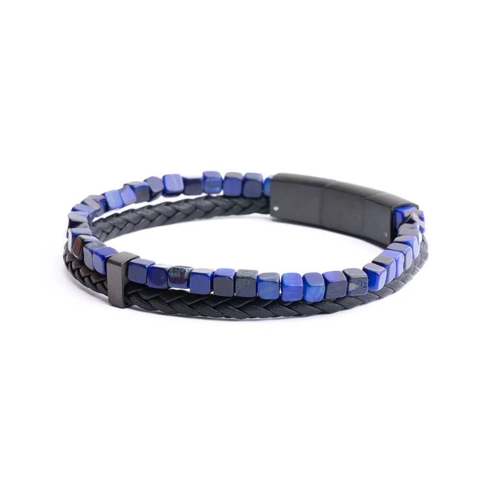 Bracelet Gemini Double Cuir noir & Œil de Tigre bleu - BIJOUX - O37XXS