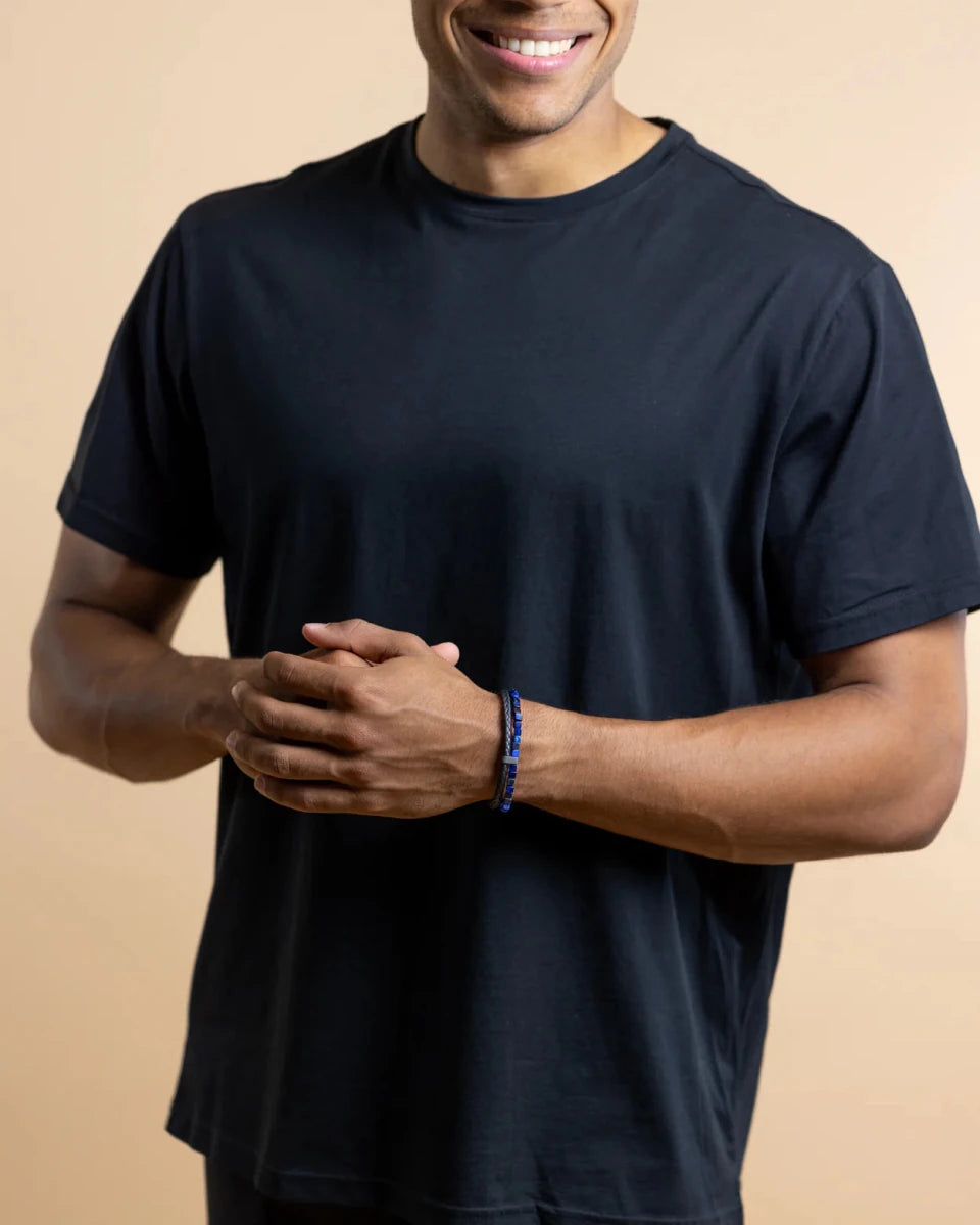 Bracelet Gemini Double Cuir noir & Œil de Tigre bleu - BIJOUX - O37XXS