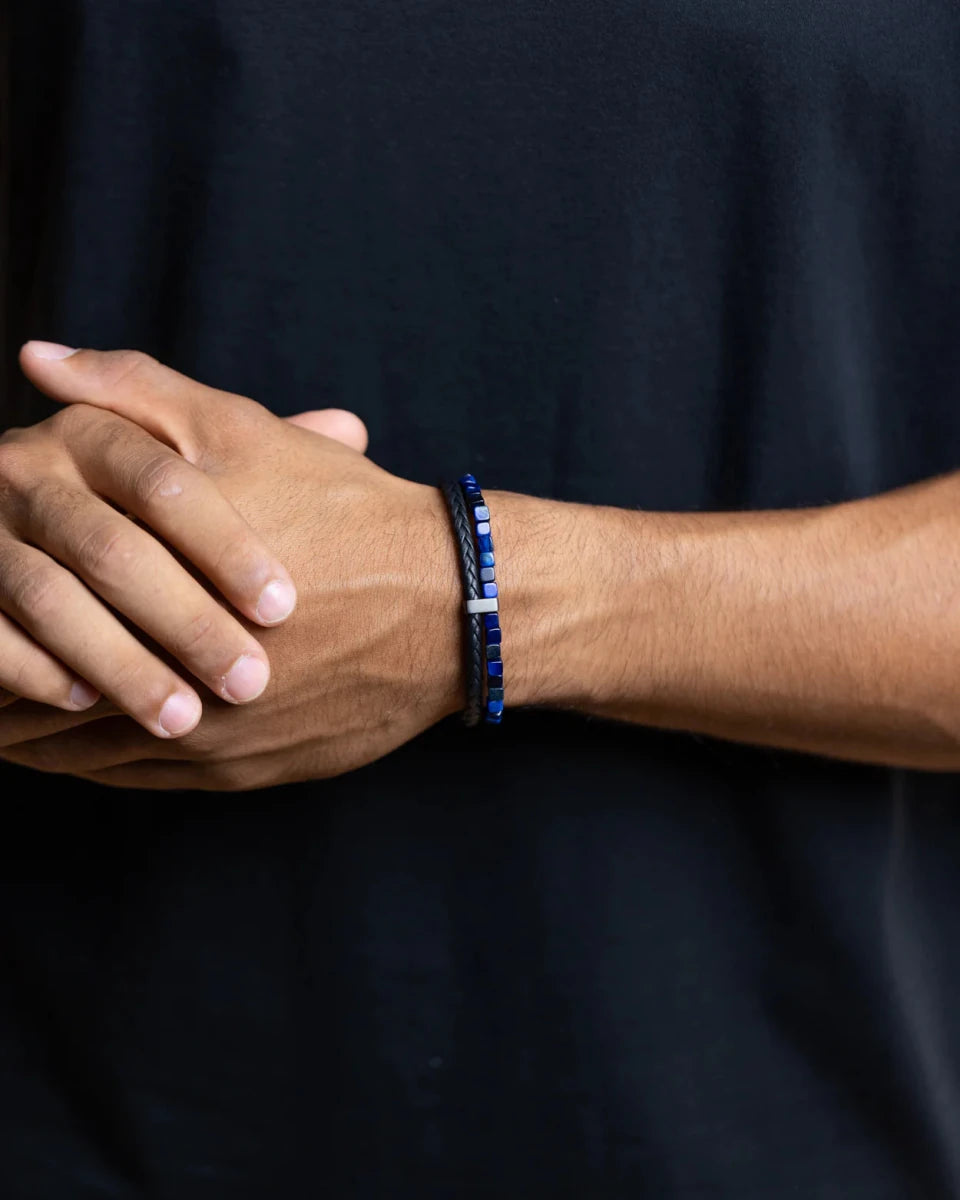 Bracelet Gemini Double Cuir noir & Œil de Tigre bleu - BIJOUX - O37XXS