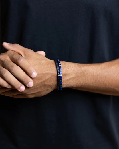 Bracelet Gemini Double Cuir noir & Œil de Tigre bleu - BIJOUX - O37XXS