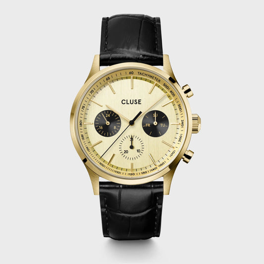 Montre CLUSE Homme Anthéor Multifonction Dorée Cuir Noir - Cluse - Bijouterie TAMARA