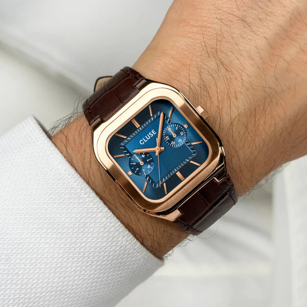 Montre CLUSE Homme Quadrus Multifonction Rose doré Bleu Cuir marron - MONTRES - CW26204