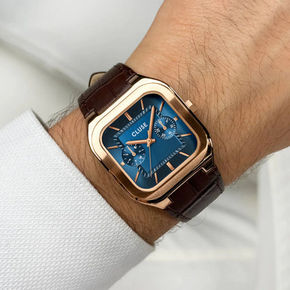 Montre CLUSE Homme Quadrus Multifonction Rose doré Bleu Cuir marron - MONTRES - CW26204