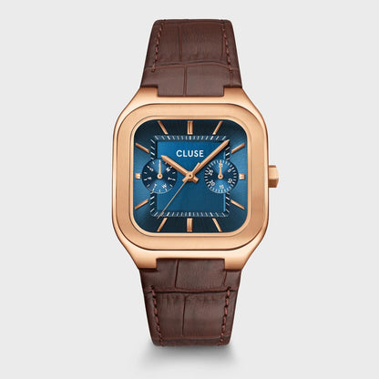 Montre CLUSE Homme Quadrus Multifonction Rose doré Bleu Cuir marron - MONTRES - CW26204