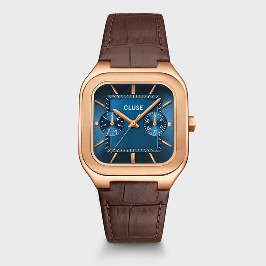 Montre CLUSE Homme Quadrus Multifonction Rose doré Bleu Cuir marron - MONTRES - CW26204