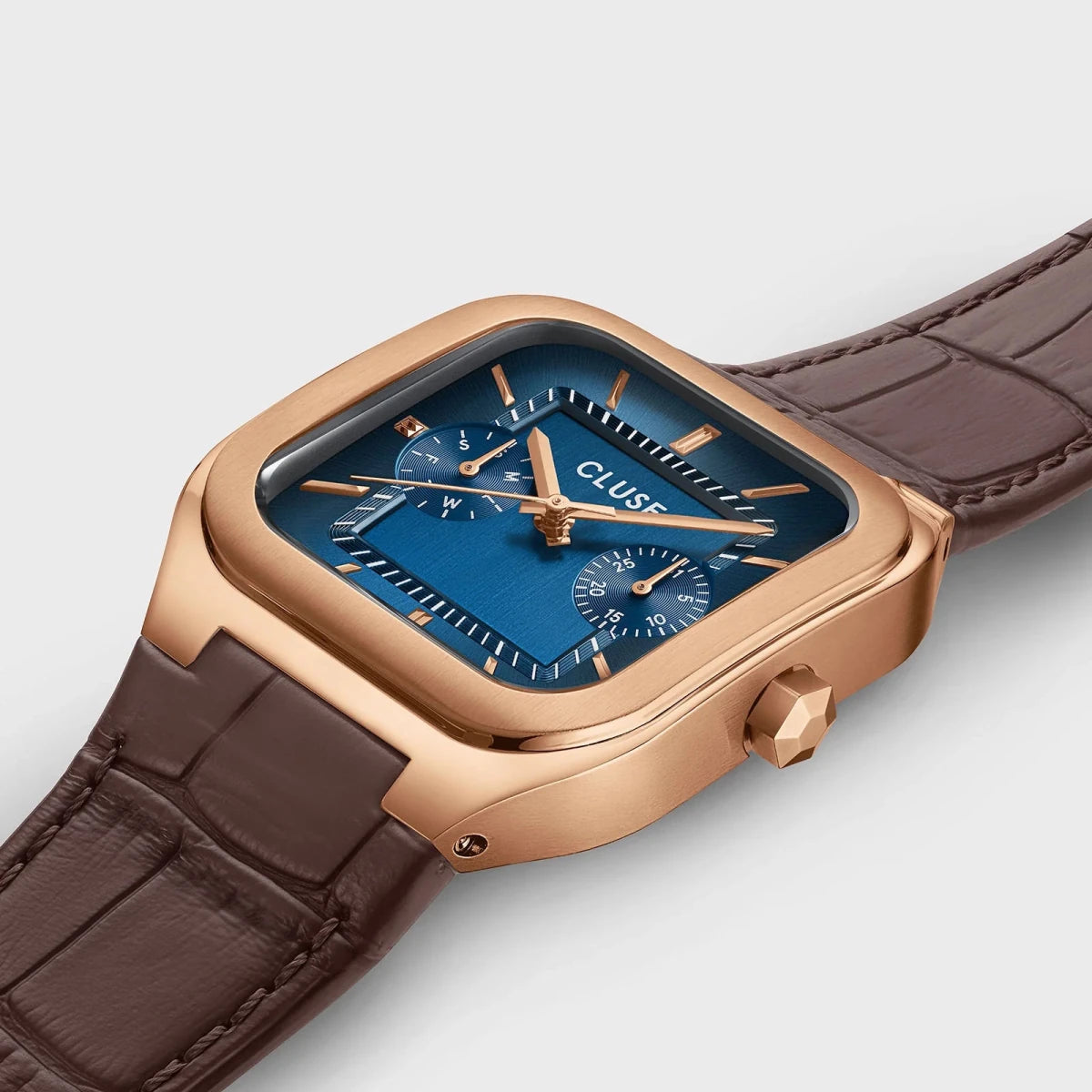 Montre CLUSE Homme Quadrus Multifonction Rose doré Bleu Cuir marron - MONTRES - CW26204