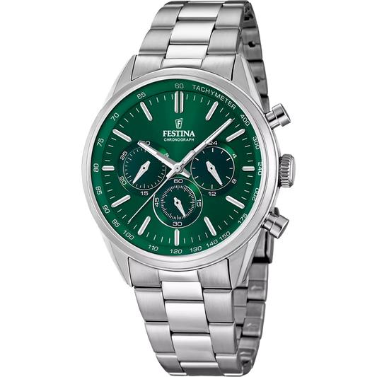 Montre FESTINA Timeless Chrono Vert Acier - Festina - Bijouterie TAMARA