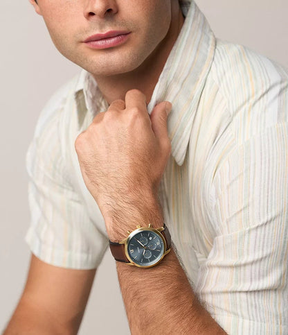 Montre FOSSIL Neutra Chronographe Dorée Gris Bleu cuir marron - MONTRES - FS6162
