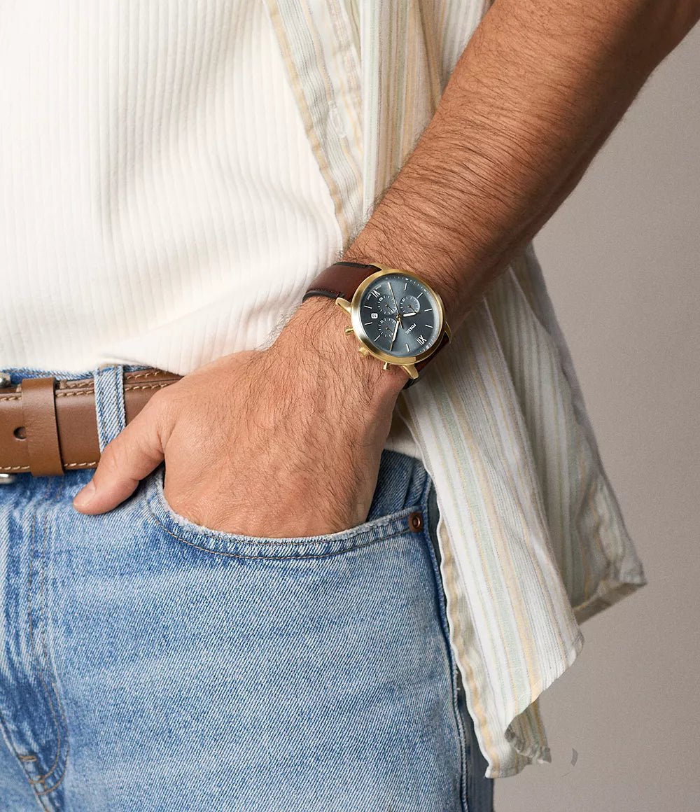 Montre FOSSIL Neutra Chronographe Dorée Gris Bleu cuir marron - MONTRES - FS6162