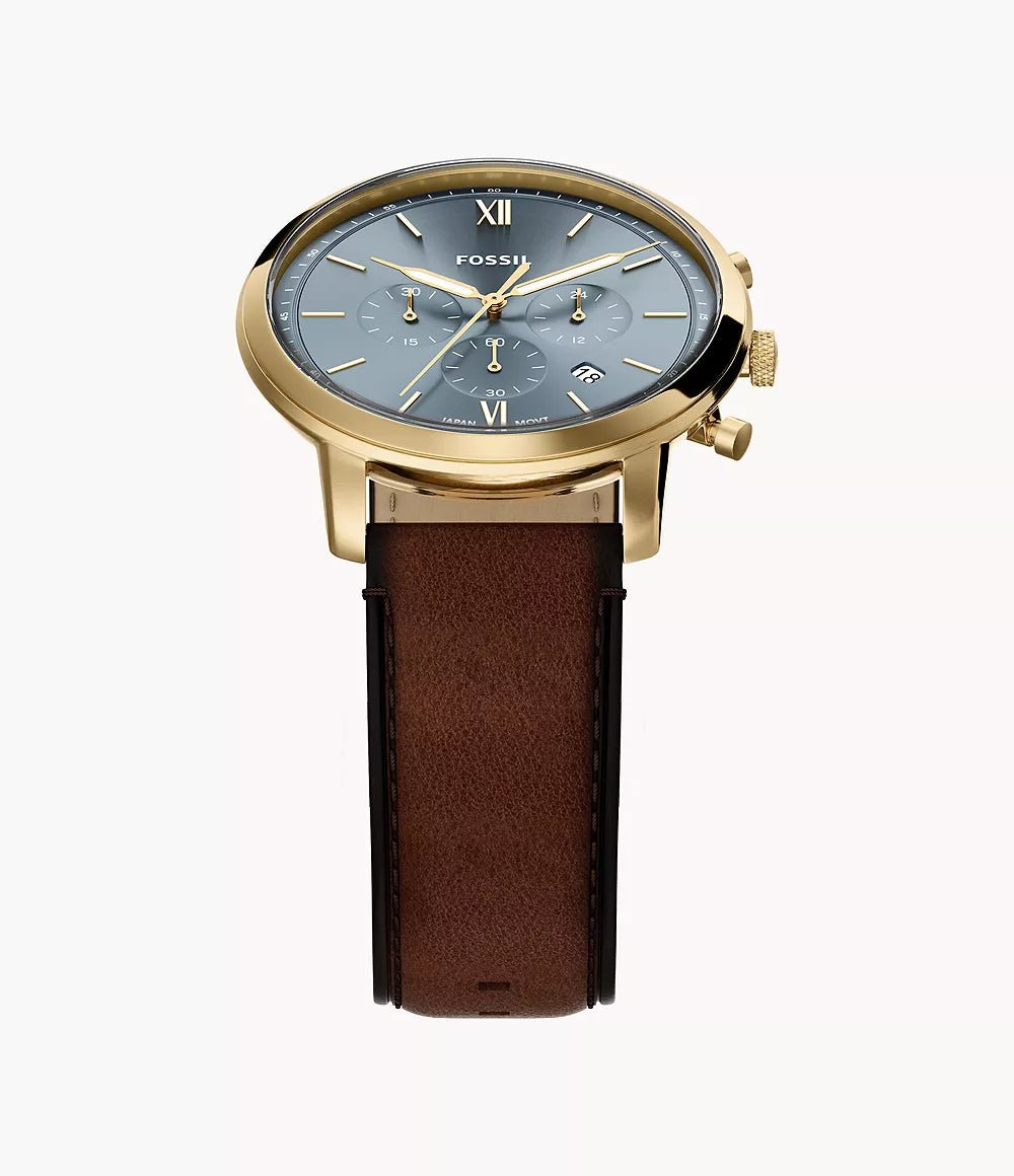 Montre FOSSIL Neutra Chronographe Dorée Gris Bleu cuir marron - MONTRES - FS6162