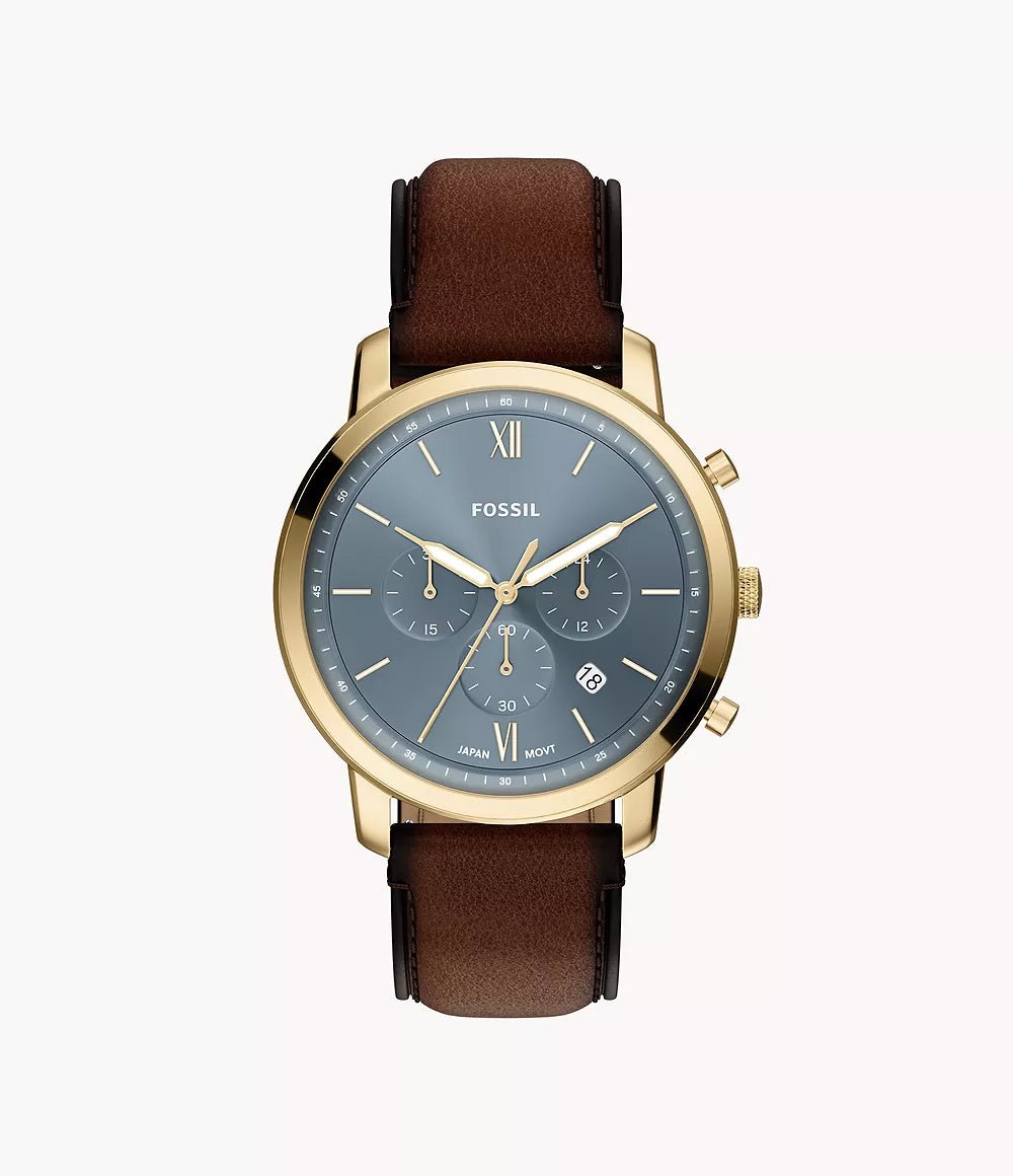 Montre FOSSIL Neutra Chronographe Dorée Gris Bleu cuir marron - MONTRES - FS6162