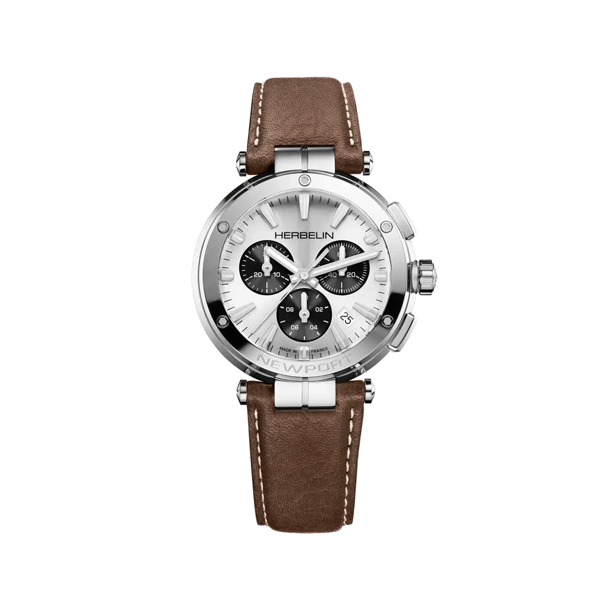 Montre HERBELIN Newport Chrono Argent Noir & Cuir Marron - Bijouterie TAMARA