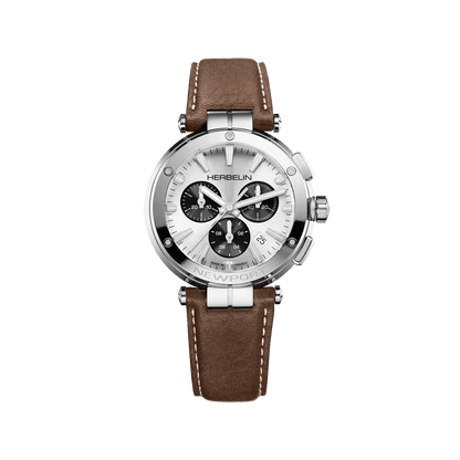 Montre HERBELIN Newport Chrono Argent Noir & Cuir Marron - Bijouterie TAMARA
