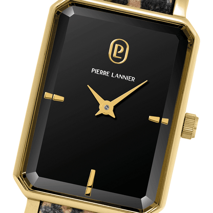 Montre Pierre LANNIER ARIANE Doré Noir cuir Léopard - MONTRES - 006L539