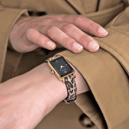 Montre Pierre LANNIER ARIANE Doré Noir cuir Léopard - MONTRES - 006L539