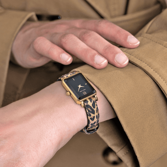 Montre Pierre LANNIER ARIANE Doré Noir cuir Léopard - MONTRES - 006L539