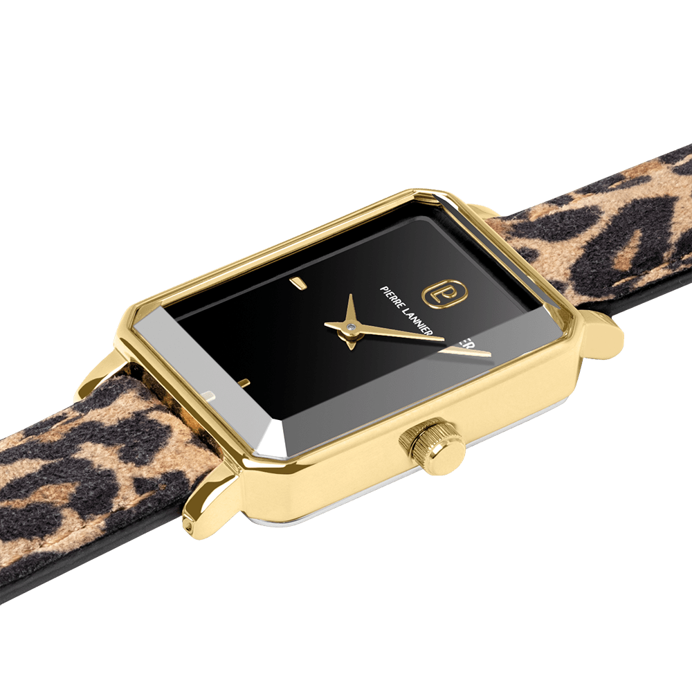 Montre Pierre LANNIER ARIANE Doré Noir cuir Léopard - MONTRES - 006L539