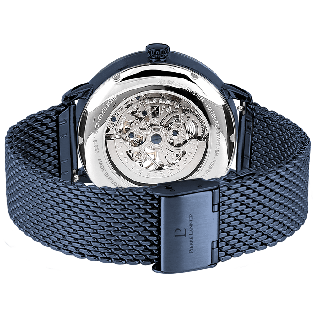 Montre Pierre LANNIER AUTOMATIC Acier bleu Squelette bleu Maille milanaise - Bijouterie TAMARA