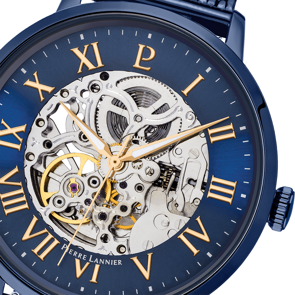Montre Pierre LANNIER AUTOMATIC Acier bleu Squelette bleu Maille milanaise - Bijouterie TAMARA