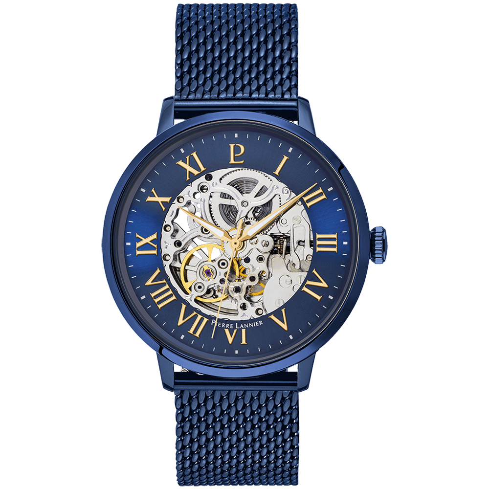 Montre Pierre LANNIER AUTOMATIC Acier bleu Squelette bleu Maille milanaise - Bijouterie TAMARA