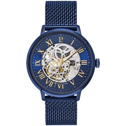 Montre Pierre LANNIER AUTOMATIC Acier bleu Squelette bleu Maille milanaise - Bijouterie TAMARA