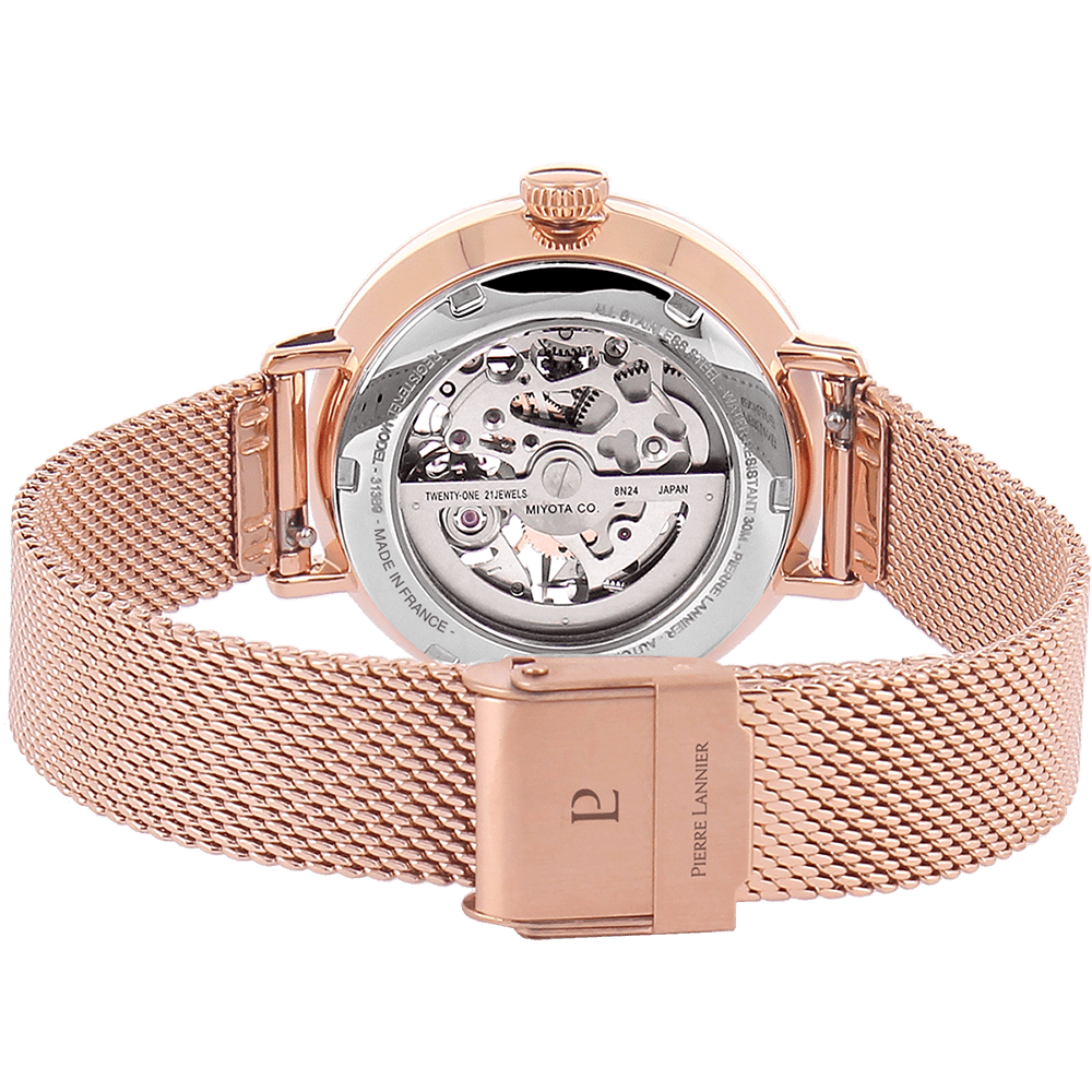 Montre Pierre LANNIER AUTOMATIC Femme Rose doré Squelette Blanc Maille milanaise - Bijouterie TAMARA