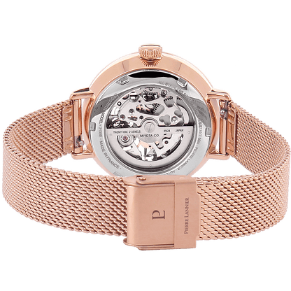 Montre Pierre LANNIER AUTOMATIC Femme Rose doré Squelette Blanc Maille milanaise - Bijouterie TAMARA
