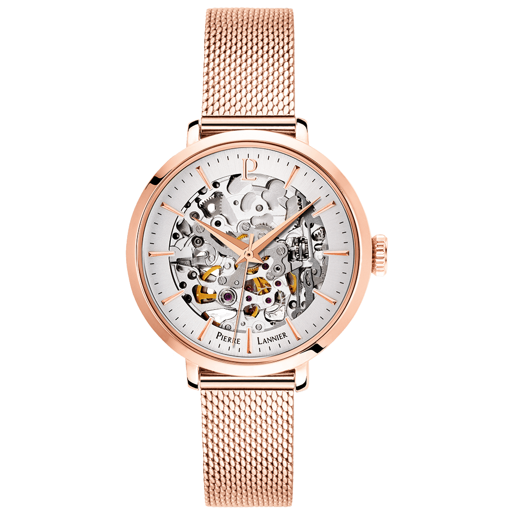 Montre Pierre LANNIER AUTOMATIC Femme Rose doré Squelette Blanc Maille milanaise - Bijouterie TAMARA