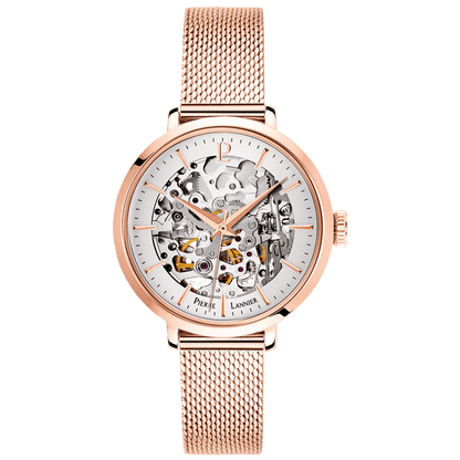 Montre Pierre LANNIER AUTOMATIC Femme Rose doré Squelette Blanc Maille milanaise - Bijouterie TAMARA