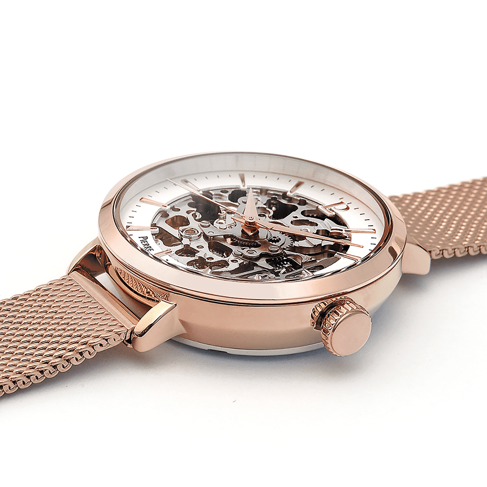Montre Pierre LANNIER AUTOMATIC Femme Rose doré Squelette Blanc Maille milanaise - Bijouterie TAMARA