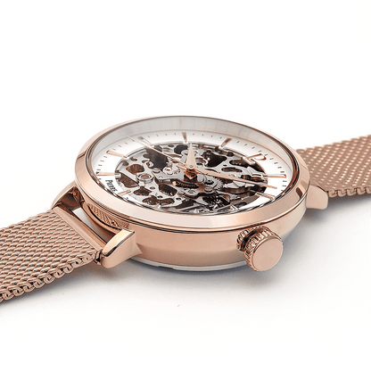 Montre Pierre LANNIER AUTOMATIC Femme Rose doré Squelette Blanc Maille milanaise - Bijouterie TAMARA