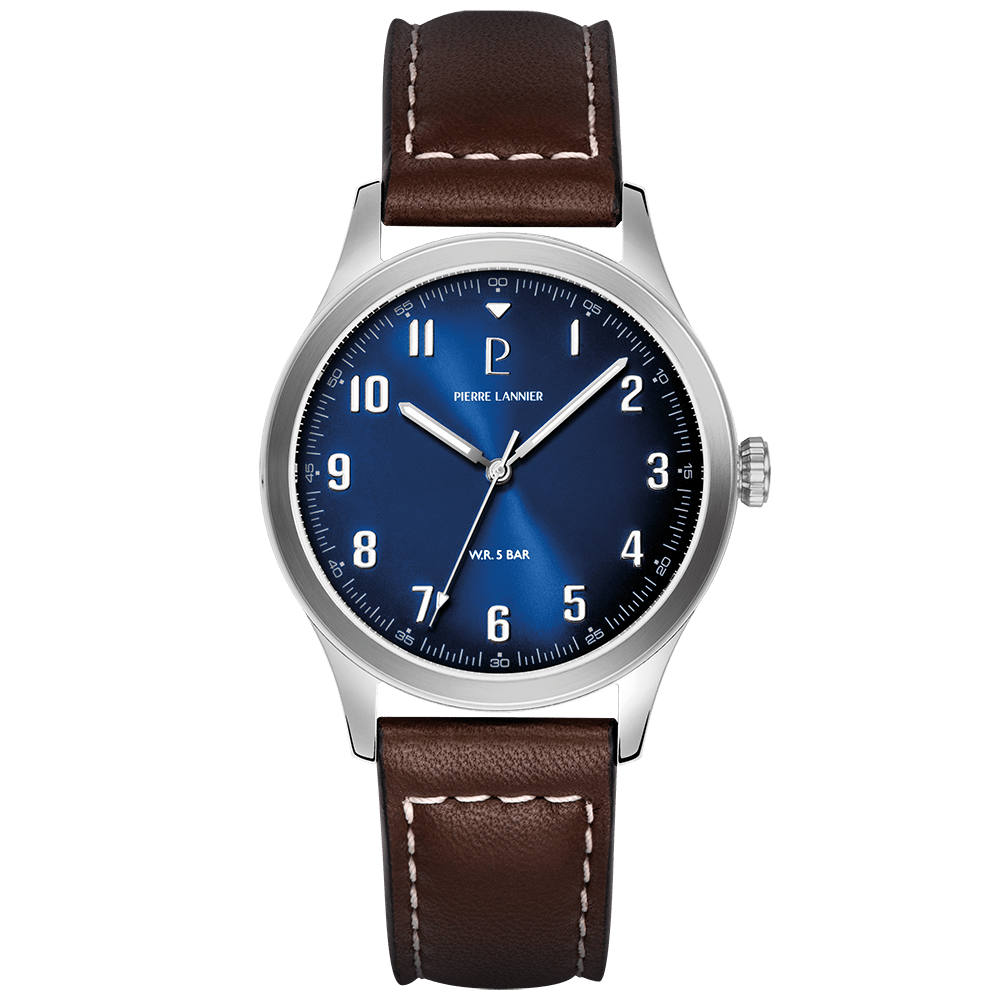 Montre Pierre LANNIER AVIATEUR Acier Bleu Cuir Marron - MONTRES - 260G164