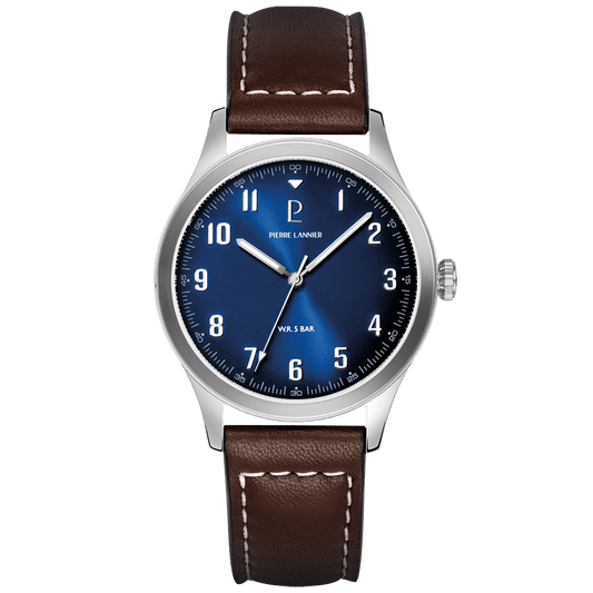 Montre Pierre LANNIER AVIATEUR Acier Bleu Cuir Marron - MONTRES - 260G164