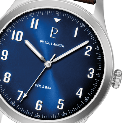 Montre Pierre LANNIER AVIATEUR Acier Bleu Cuir Marron - MONTRES - 260G164