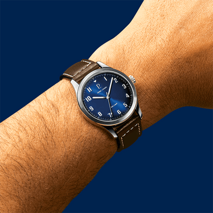 Montre Pierre LANNIER AVIATEUR Acier Bleu Cuir Marron - MONTRES - 260G164