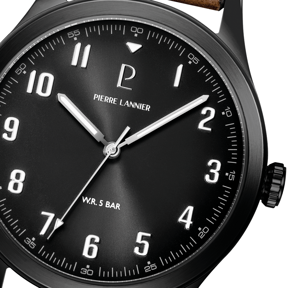Montre Pierre LANNIER AVIATEUR Acier Noir Cuir Marron - MONTRES - 261K434
