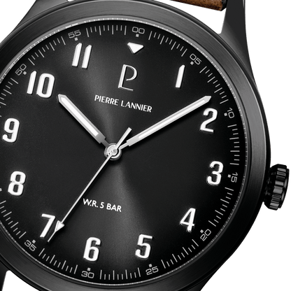 Montre Pierre LANNIER AVIATEUR Acier Noir Cuir Marron - MONTRES - 261K434
