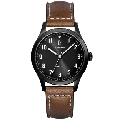 Montre Pierre LANNIER AVIATEUR Acier Noir Cuir Marron - MONTRES - 261K434