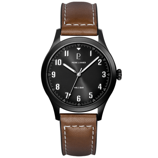 Montre Pierre LANNIER AVIATEUR Acier Noir Cuir Marron - MONTRES - 261K434