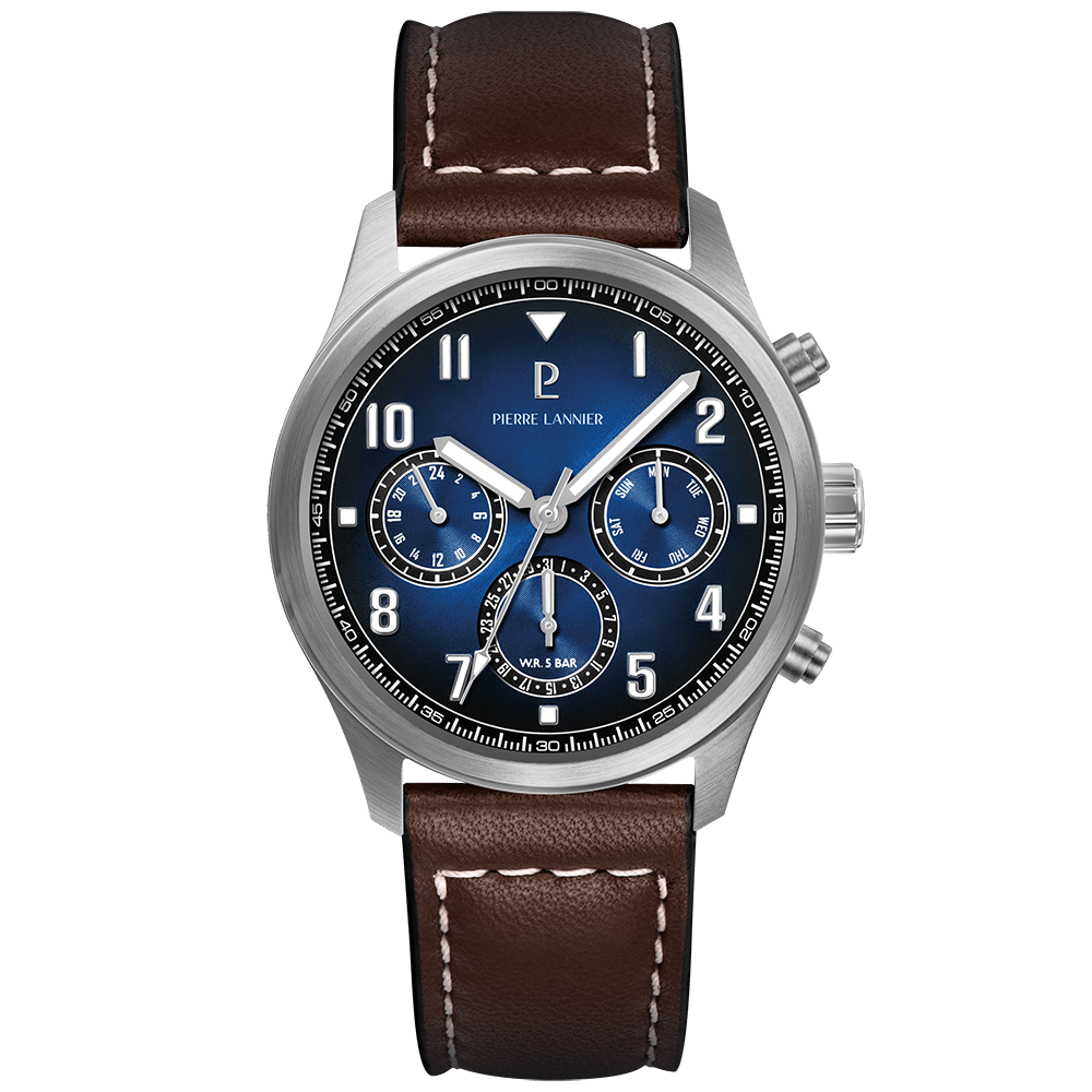 Montre Pierre LANNIER AVIATEUR Multifonction Acier Bleu cuir Brun - MONTRES - 257H164