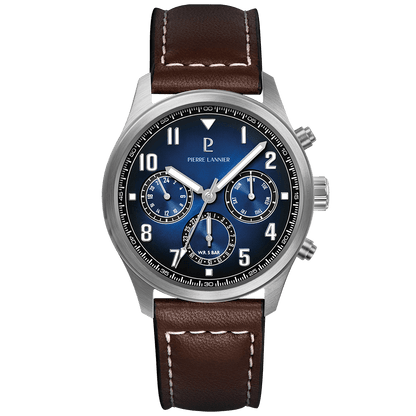 Montre Pierre LANNIER AVIATEUR Multifonction Acier Bleu cuir Brun - MONTRES - 257H164