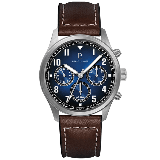 Montre Pierre LANNIER AVIATEUR Multifonction Acier Bleu cuir Brun - MONTRES - 257H164