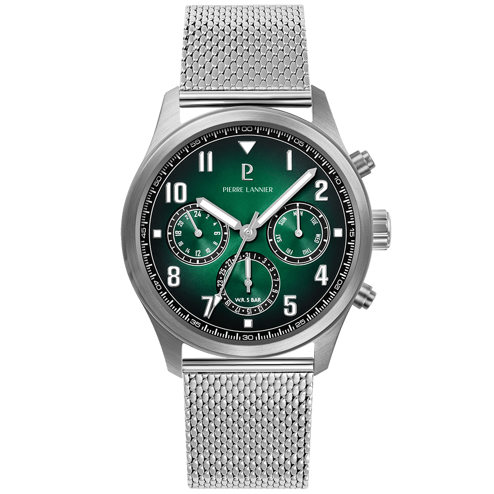 Montre Pierre LANNIER AVIATEUR Multifonction Acier Vert Maille milanaise - MONTRES - 257H171