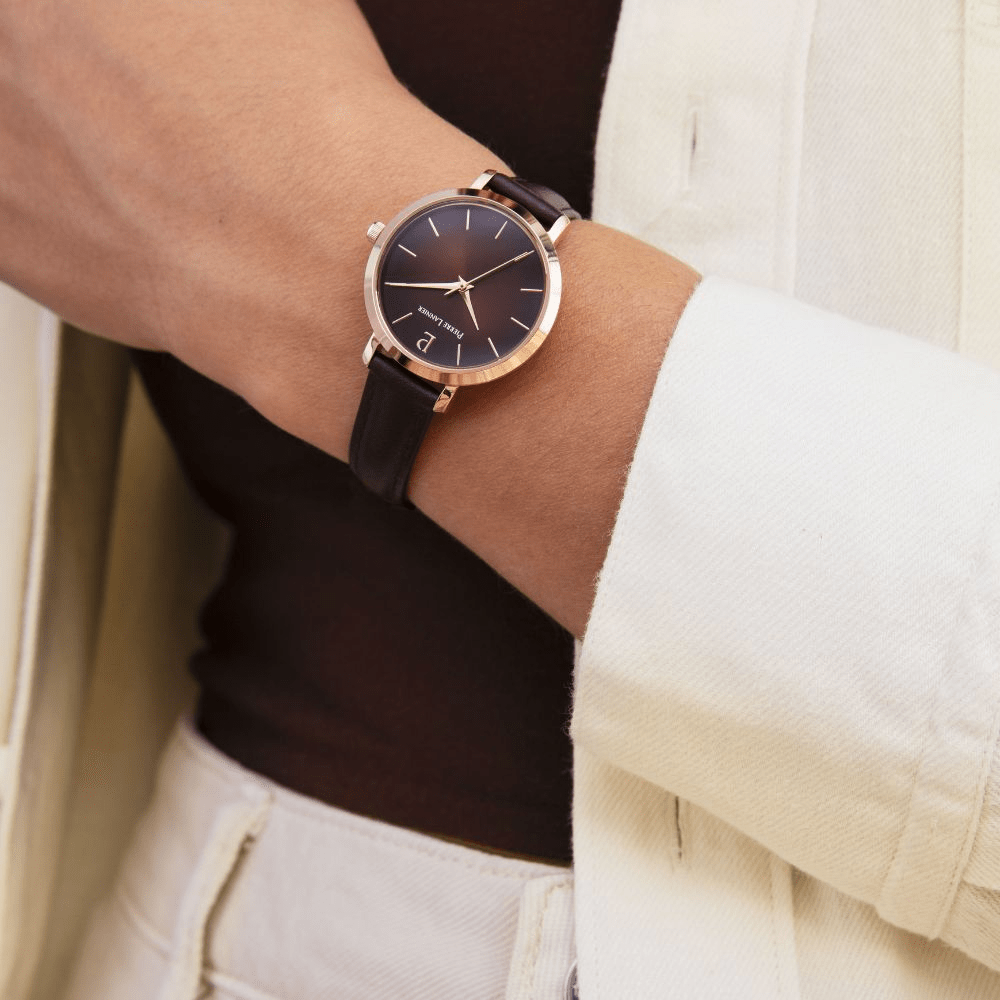 Montre Pierre LANNIER CHOUQUETTE Rose doré Chocolat cuir marron - Bijouterie TAMARA