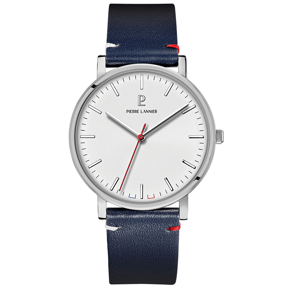 Montre Pierre Lannier Homme ESSENTIAL Acier Blanc cuir bleu - MONTRES - 217G106