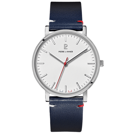 Montre Pierre Lannier Homme ESSENTIAL Acier Blanc cuir bleu - MONTRES - 217G106