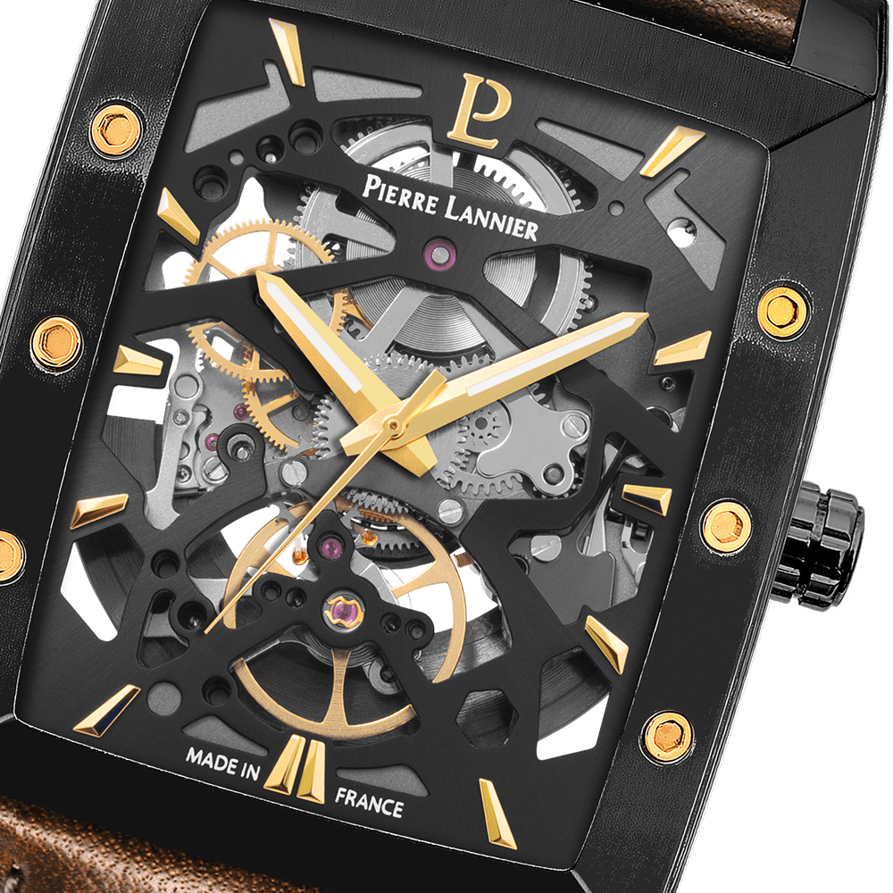 Montre Pierre Lannier Homme HECTOR automatique Acier Noir cuir Brun - MONTRES - 339A434