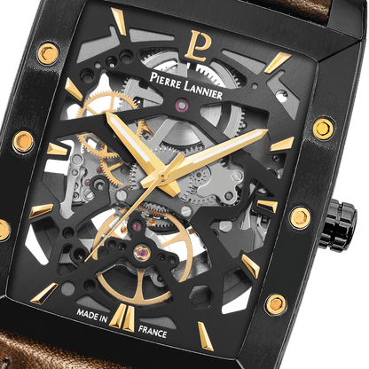 Montre Pierre Lannier Homme HECTOR automatique Acier Noir cuir Brun - MONTRES - 339A434