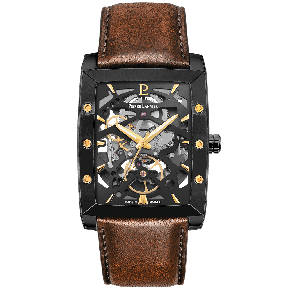 Montre Pierre Lannier Homme HECTOR automatique Acier Noir cuir Brun - MONTRES - 339A434