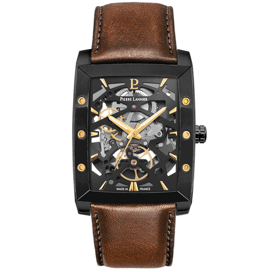 Montre Pierre Lannier Homme HECTOR automatique Acier Noir cuir Brun - MONTRES - 339A434